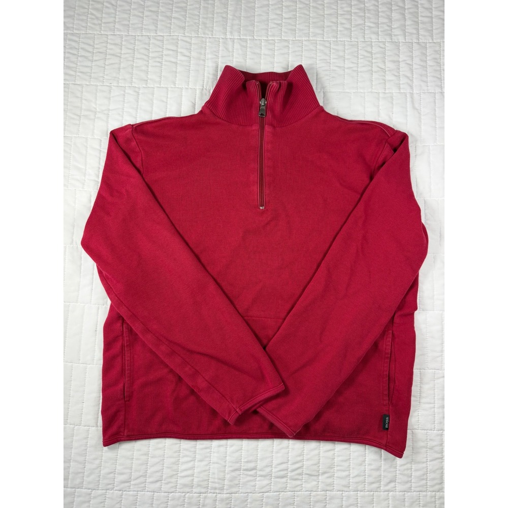 Hugo Boss Red Quarter Zip Mock Neck Sweater Ribbed Knit Pullover Golf Club M